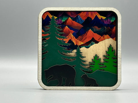 Mountain Suncatcher Window Sitter – Bear Forest Scene Decor – Stained Glass Style Wood & Acrylic Art \