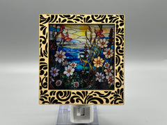 Damask Interchangeable LED Night Light – Stained Glass Style Acrylic Insert | Mountain & Floral Designs | Handmade Wood Frame | Cozy Ambient Lighting