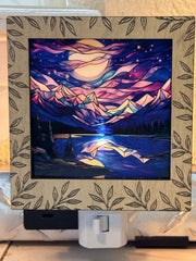 Leaf Engraved Interchangeable LED Night Light – Stained Glass Style Acrylic Insert | Mountain & Floral Designs | Handmade Wood Frame | Cozy Ambient Lighting