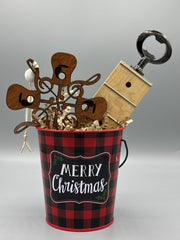 Guitarist Gift Set | Reclaimed Guitar Neck Bottle Opener + Ornament + Tag in Holiday Bucket