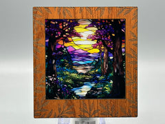 Leaf Engraved Interchangeable LED Night Light – Stained Glass Style Acrylic Insert | Mountain & Floral Designs | Handmade Wood Frame | Cozy Ambient Lighting