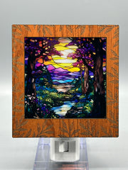 Leaf Engraved Interchangeable LED Night Light – Stained Glass Style Acrylic Insert | Mountain & Floral Designs | Handmade Wood Frame | Cozy Ambient Lighting