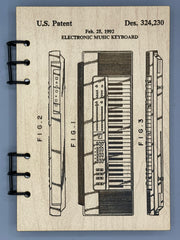 Electronic Music Keyboard Patent Journal – A5 Refillable Wood Notebook for Musicians | Vintage Patent Design Sketch | Handmade Artist Journal Gift