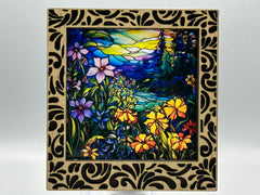 Damask Interchangeable LED Night Light – Stained Glass Style Acrylic Insert | Mountain & Floral Designs | Handmade Wood Frame | Cozy Ambient Lighting