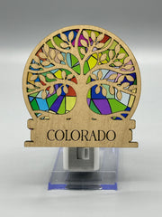 Colorado Tree of Life Night Light – Engraved Wood LED Night Light | Stained Glass Style Acrylic | Colorado Gift | Handmade Home Decor | 4"x4"
