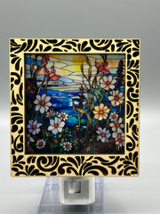Damask Interchangeable LED Night Light – Stained Glass Style Acrylic Insert | Mountain & Floral Designs | Handmade Wood Frame | Cozy Ambient Lighting