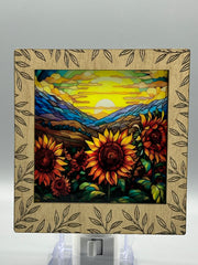 Leaf Engraved Interchangeable LED Night Light – Stained Glass Style Acrylic Insert | Mountain & Floral Designs | Handmade Wood Frame | Cozy Ambient Lighting