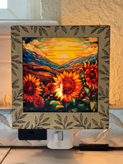 Leaf Engraved Interchangeable LED Night Light – Stained Glass Style Acrylic Insert | Mountain & Floral Designs | Handmade Wood Frame | Cozy Ambient Lighting