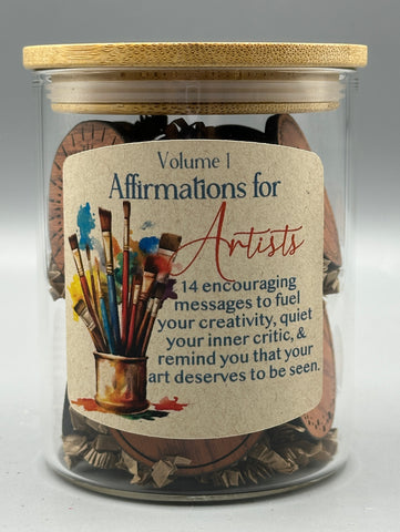 Affirmations for Artists Volume 1 | 14 Wooden Affirmation Tokens in Glass Jar | Creative Inspiration Gift for Artists, Makers & Creatives
