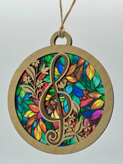 5 inch Treble Clef & Floral Inlay Stained Glass Style Suncatcher – Musical Window Hanging Ornament