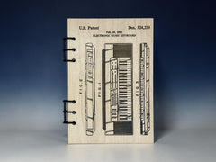 Electronic Music Keyboard Patent Journal – A5 Refillable Wood Notebook for Musicians | Vintage Patent Design Sketch | Handmade Artist Journal Gift