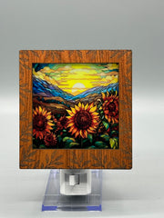 Leaf Engraved Interchangeable LED Night Light – Stained Glass Style Acrylic Insert | Mountain & Floral Designs | Handmade Wood Frame | Cozy Ambient Lighting