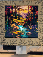 Leaf Engraved Interchangeable LED Night Light – Stained Glass Style Acrylic Insert | Mountain & Floral Designs | Handmade Wood Frame | Cozy Ambient Lighting