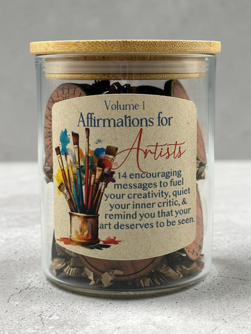 Affirmations for Artists Volume 1 | 14 Wooden Affirmation Tokens in Glass Jar | Creative Inspiration Gift for Artists, Makers & Creatives