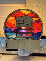Cat Night Light with Books – Sleeping Cat LED Night Light | Stained Glass Style Acrylic | Book Lover Gift | Cozy Reading Light | 4"x4"