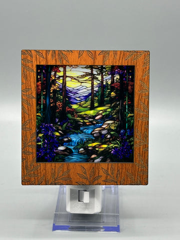 Leaf Engraved Interchangeable LED Night Light – Stained Glass Style Acrylic Insert | Mountain & Floral Designs | Handmade Wood Frame | Cozy Ambient Lighting