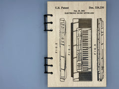 Electronic Music Keyboard Patent Journal – A5 Refillable Wood Notebook for Musicians | Vintage Patent Design Sketch | Handmade Artist Journal Gift