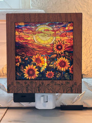 Wildflower Engraved Interchangeable LED Night Light – Stained Glass Style Acrylic Insert | Mountain & Floral Designs | Handmade Wood Frame | Cozy Ambient Lighting