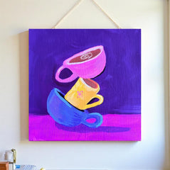 Tipsy Cups–Original Acrylic Painting on Wood by Kathy OConner | 6x6 Colorful Coffee Art