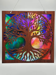 Tree of Life Suncatcher – 9" Handmade Wood & Colorful Acrylic Window Hanging | Stained Glass Style Nature Decor