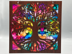 Tree of Life Suncatcher – 9" Handmade Wood & Colorful Acrylic Window Hanging | Stained Glass Style Nature Decor