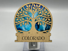 Colorado Tree of Life Night Light – Engraved Wood LED Night Light | Stained Glass Style Acrylic | Colorado Gift | Handmade Home Decor | 4"x4"