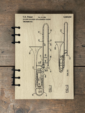 Trombone Patent Journal – A5 Musician Notebook, Vintage Trombone Blueprint Design