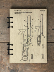 Trombone Patent Journal – A5 Musician Notebook, Vintage Trombone Blueprint Design