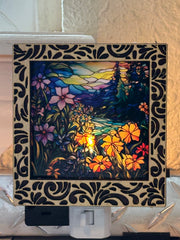 Damask Interchangeable LED Night Light – Stained Glass Style Acrylic Insert | Mountain & Floral Designs | Handmade Wood Frame | Cozy Ambient Lighting