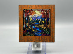 Leaf Engraved Interchangeable LED Night Light – Stained Glass Style Acrylic Insert | Mountain & Floral Designs | Handmade Wood Frame | Cozy Ambient Lighting
