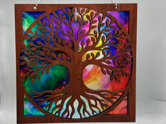 Tree of Life Suncatcher – 9" Handmade Wood & Colorful Acrylic Window Hanging | Stained Glass Style Nature Decor