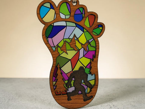 Yeti Suncatcher Ornament – Bigfoot Mountain Scene Hanging Decor – Colorful Wood & Acrylic Window Art – Handmade Nature Gift 5x3