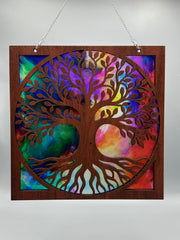 Tree of Life Suncatcher – 9" Handmade Wood & Colorful Acrylic Window Hanging | Stained Glass Style Nature Decor