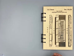 Electronic Music Keyboard Patent Journal – A5 Refillable Wood Notebook for Musicians | Vintage Patent Design Sketch | Handmade Artist Journal Gift