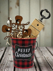 Guitarist Gift Set | Reclaimed Guitar Neck Bottle Opener + Ornament + Tag in Holiday Bucket
