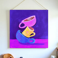 Tipsy Cups–Original Acrylic Painting on Wood by Kathy OConner | 6x6 Colorful Coffee Art