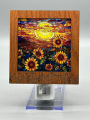 Wildflower Engraved Interchangeable LED Night Light – Stained Glass Style Acrylic Insert | Mountain & Floral Designs | Handmade Wood Frame | Cozy Ambient Lighting