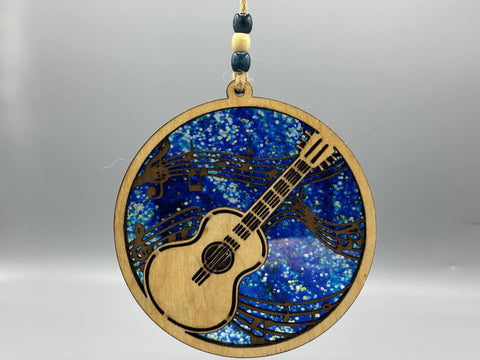 Handmade Guitar Suncatcher: Birch Walnut Acrylic Faux Stained Glass