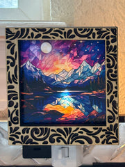 Damask Interchangeable LED Night Light – Stained Glass Style Acrylic Insert | Mountain & Floral Designs | Handmade Wood Frame | Cozy Ambient Lighting