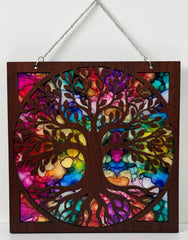 Tree of Life Suncatcher – 9" Handmade Wood & Colorful Acrylic Window Hanging | Stained Glass Style Nature Decor