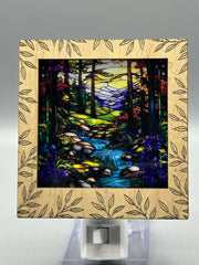 Leaf Engraved Interchangeable LED Night Light – Stained Glass Style Acrylic Insert | Mountain & Floral Designs | Handmade Wood Frame | Cozy Ambient Lighting
