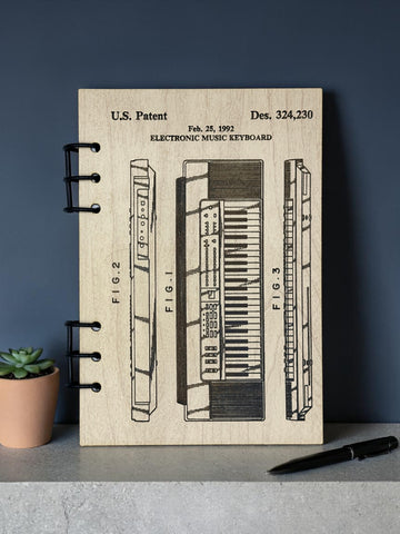 Electronic Music Keyboard Patent Journal – A5 Refillable Wood Notebook for Musicians | Vintage Patent Design Sketch | Handmade Artist Journal Gift