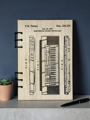 Electronic Music Keyboard Patent Journal – A5 Refillable Wood Notebook for Musicians | Vintage Patent Design Sketch | Handmade Artist Journal Gift