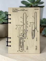 Trombone Patent Journal – A5 Musician Notebook, Vintage Trombone Blueprint Design