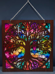 Tree of Life Suncatcher – 9" Handmade Wood & Colorful Acrylic Window Hanging | Stained Glass Style Nature Decor