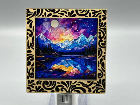 Damask Interchangeable LED Night Light – Stained Glass Style Acrylic Insert | Mountain & Floral Designs | Handmade Wood Frame | Cozy Ambient Lighting