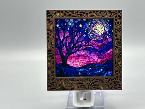 Damask Interchangeable LED Night Light – Stained Glass Style Acrylic Insert | Mountain & Floral Designs | Handmade Wood Frame | Cozy Ambient Lighting