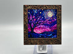 Damask Interchangeable LED Night Light – Stained Glass Style Acrylic Insert | Mountain & Floral Designs | Handmade Wood Frame | Cozy Ambient Lighting