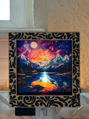Damask Interchangeable LED Night Light – Stained Glass Style Acrylic Insert | Mountain & Floral Designs | Handmade Wood Frame | Cozy Ambient Lighting