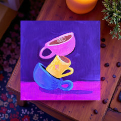 Tipsy Cups–Original Acrylic Painting on Wood by Kathy OConner | 6x6 Colorful Coffee Art